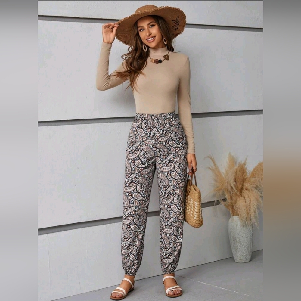 SHEIN VCAY Peacock Print Elastic Waist Harem Pants